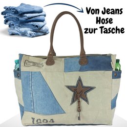 Sunsa vintage weekendtas. XXL badtas/sporttas shopper Handtas gemaakt van gerecyclede jeans & canvas. Duurzame schoudertas