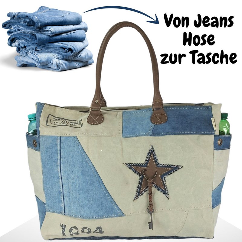 Sunsa vintage weekendtas. XXL badtas/sporttas shopper Handtas gemaakt van gerecyclede jeans & canvas. Duurzame schoudertas
