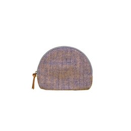 A small, semi-circular cosmetic case in a herringbone blue pattern. The case has a zipper closure and a gold-tone zipper pull.
