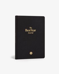  A guided 12-month planner journal with a sleek black cover and gold foil text. Available in black, pink, green, and oat color variants.