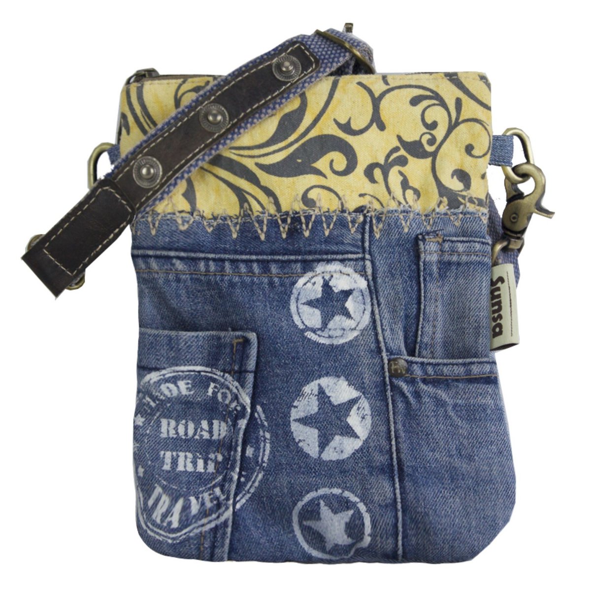 Sunsa kleine Umhängetasche. Damen Schultertasche aus Upcycling Jeans und Canvas (Segeltuch). Handtasche Vintage Retro-Stil. Crossbody Tasche für Frauen.