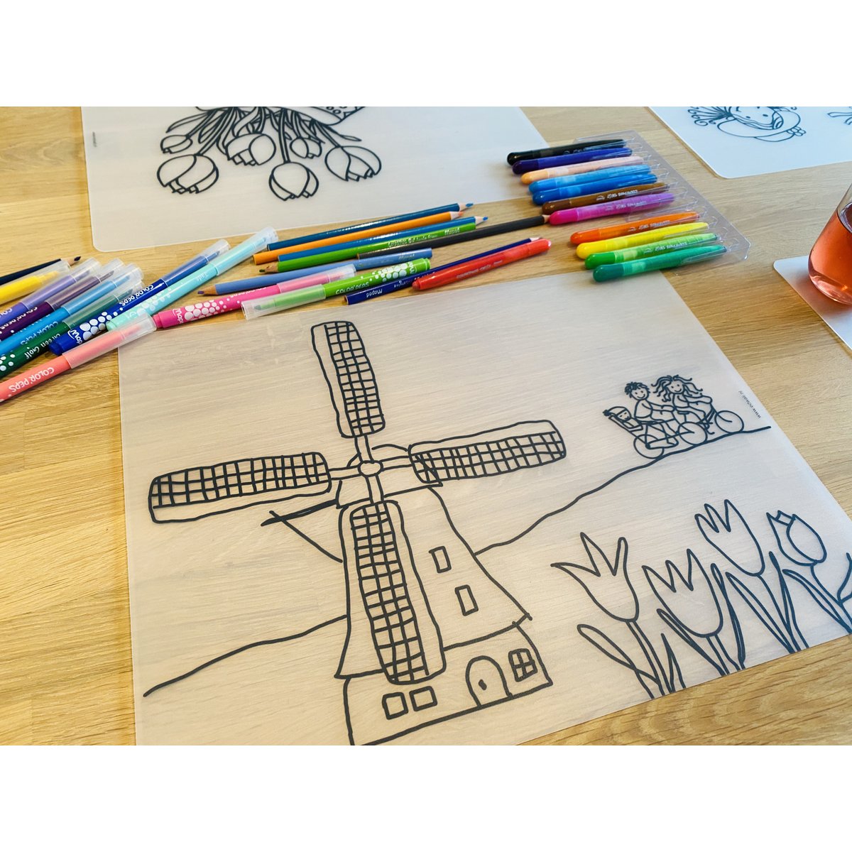 Recolorable Tischset Windmill Tulpen Fahrrad