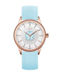 A round, analog watch with a light blue leather strap and a silver case. The watch face features a simple, minimalist design with white hands and hour markers.