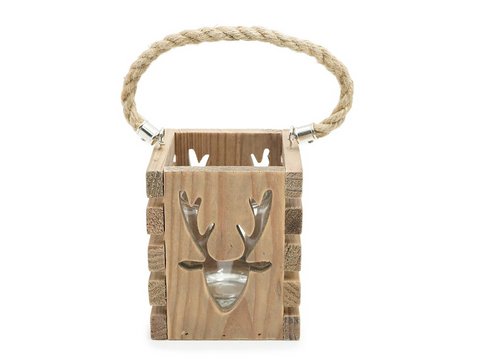 Houten lantaarn met hertenmotief 11x11x13cm