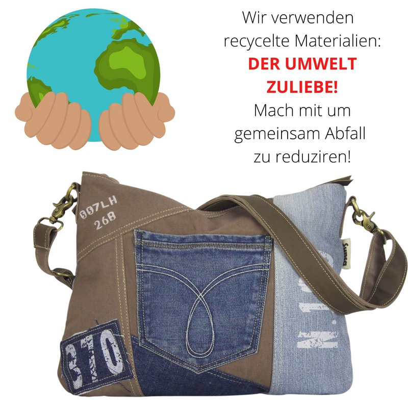 Sunsa Bæredygtig Skuldertaske til kvinder. Skuldertaske lavet af genbrugte jeans & canvas (canvas). Håndtaske i vintage retro stil. Crossbody taske til kvinder.