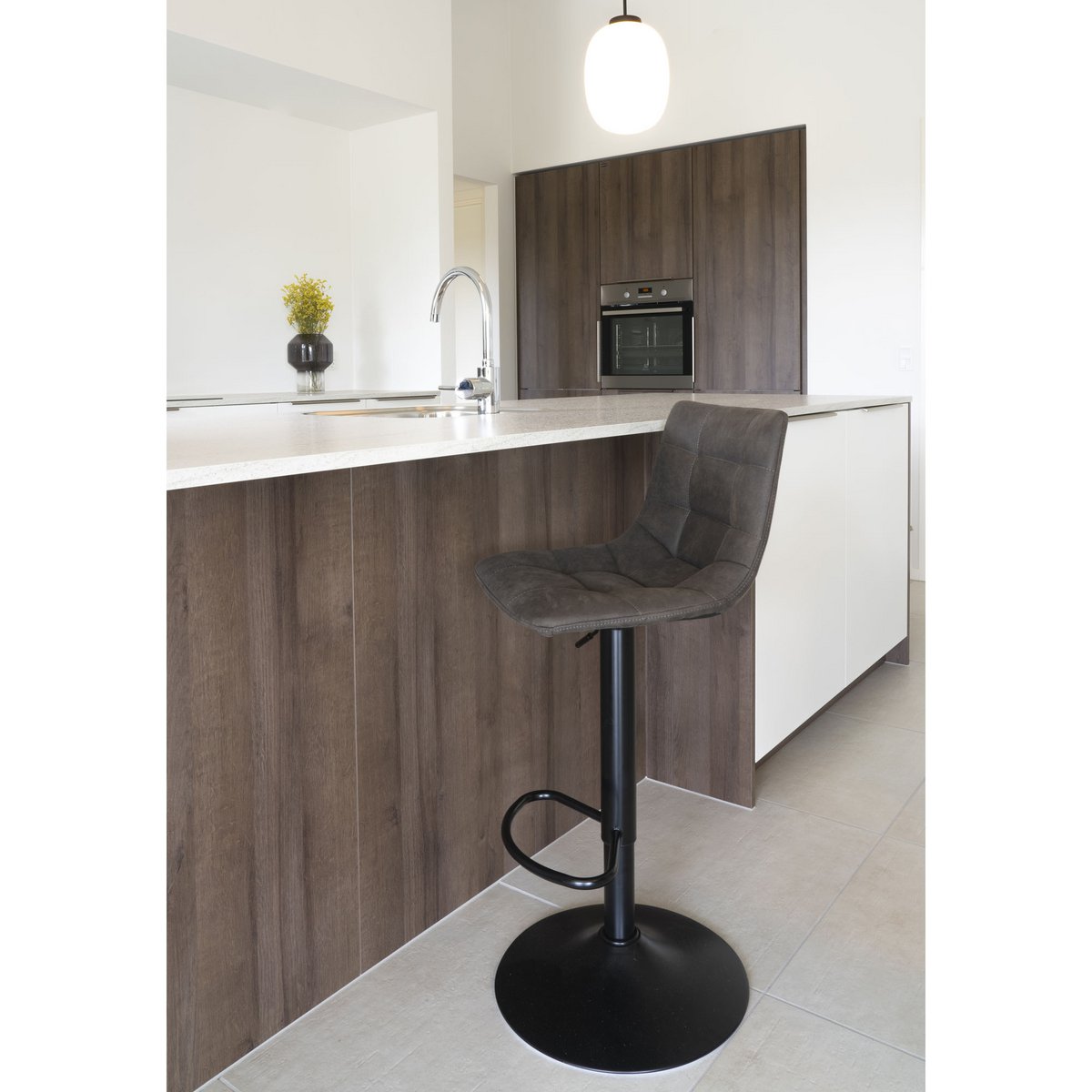 Silla de Bar Middelfart - Gris Oscuro, Microfibra, Patas de Metal Negro, 43x43x88/108cm - Juego de 2