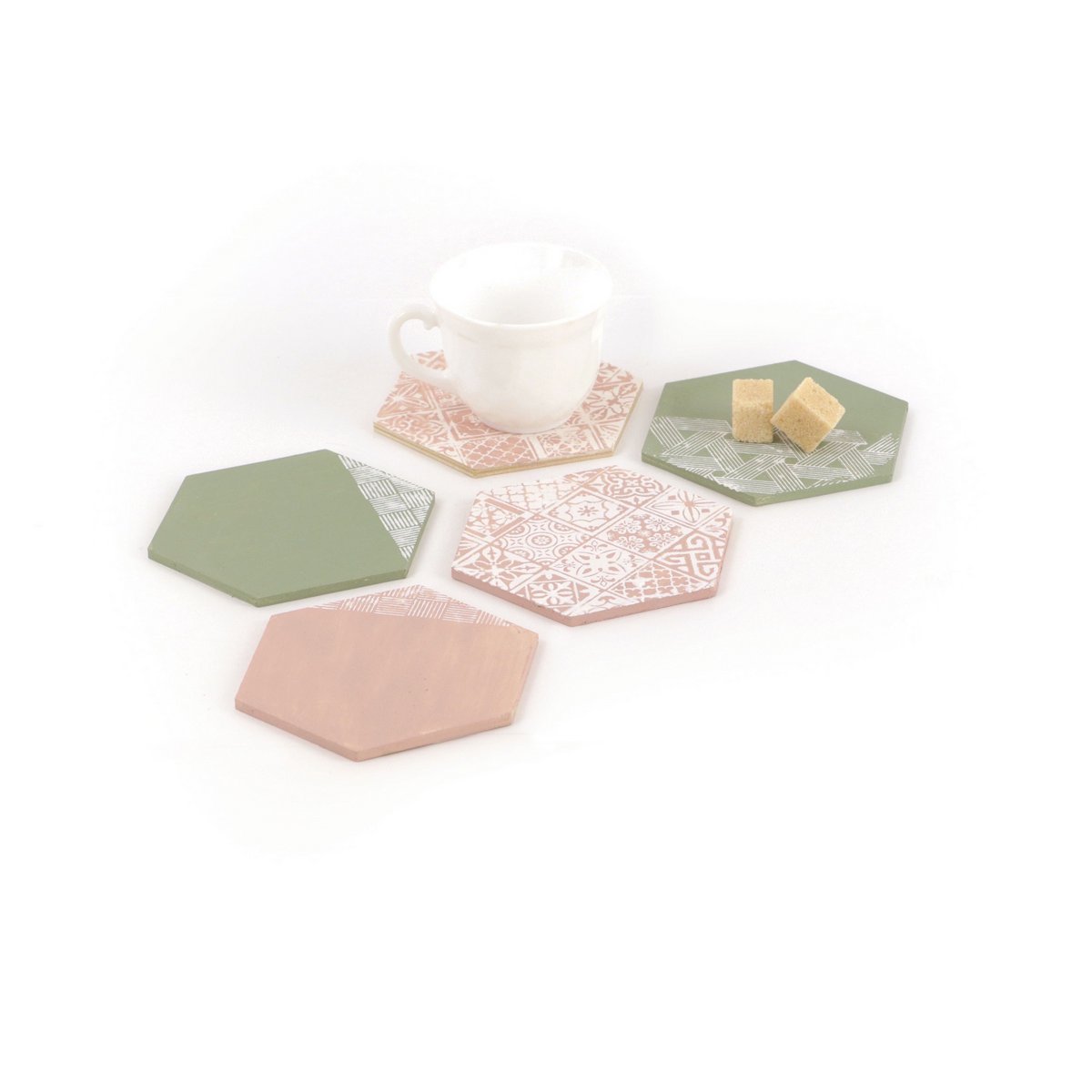 SET OF 6  WOODEN HEXAGONAL SHAPES 99x86x4mm