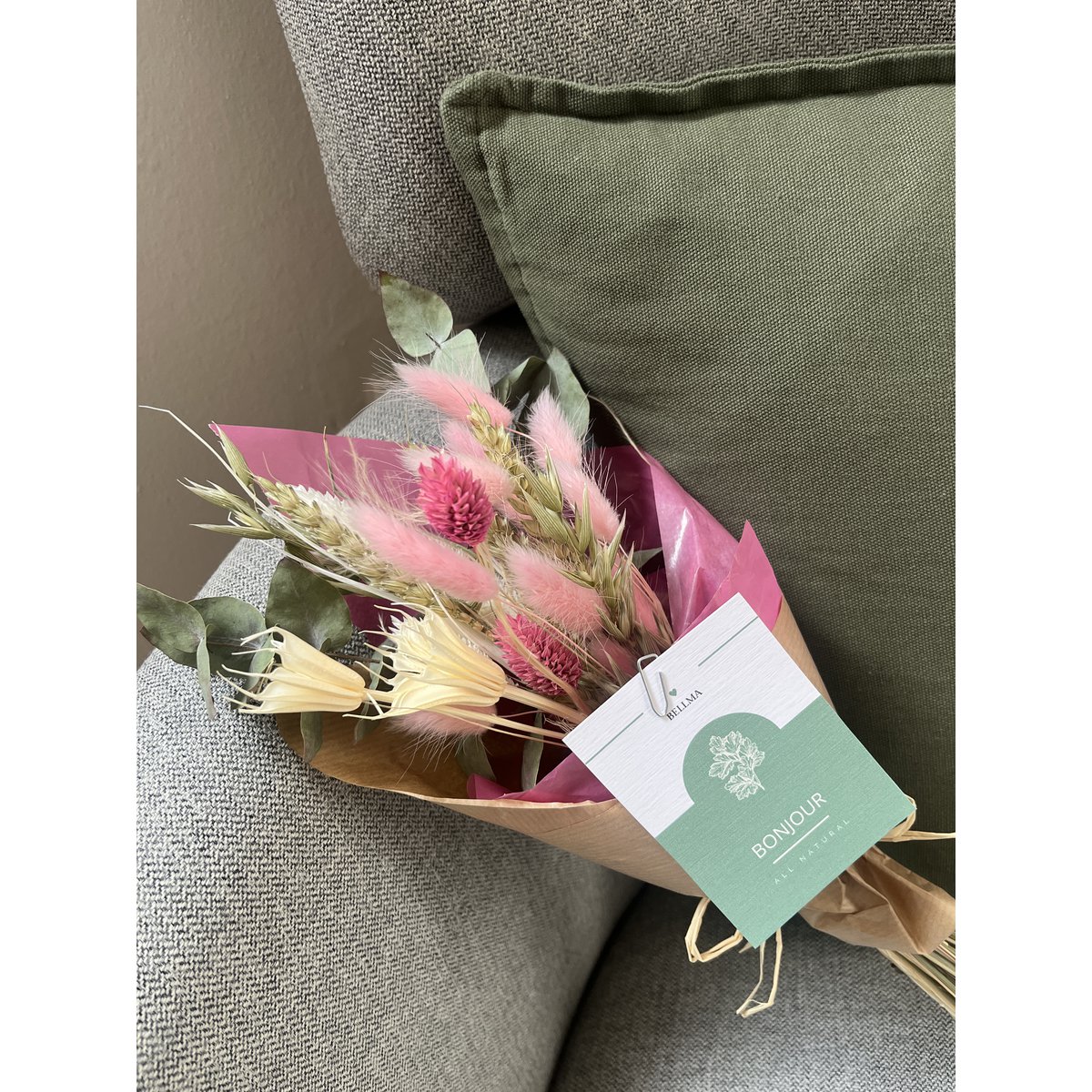 Petit bouquet de fleurs séchées avec carte - Bonjour