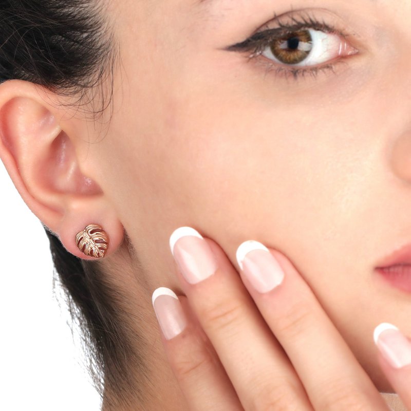 Monstera Leaf Stud Øreringe - 925 Sterling Rose Guldbelagt - Eksotiske blade smykker - OHR925-89