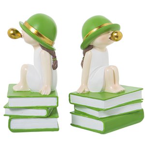 SET 2 BUCHSTÜTZEN AUS HARZ FÜR MÄDCHEN MIT WEISSEM/GRÜNEM GUMMI _11X9X19CM ST61840