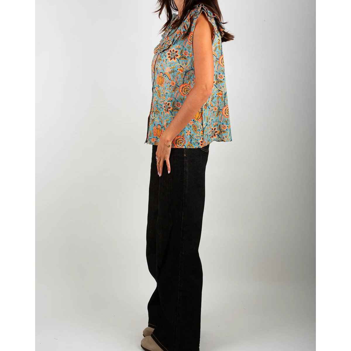 La blouse femme sans manches à volants Lolem bleu