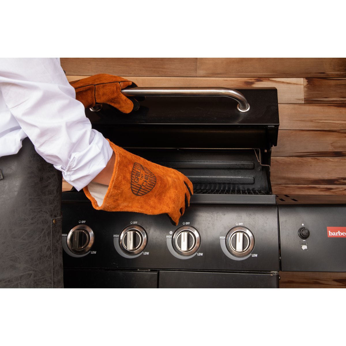 Set di 2 guanti da barbecue in pelle - 36 x 19 cm - marrone