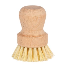 Wooden pan brush with yellow bristles, suitable for cleaning pots and pans.