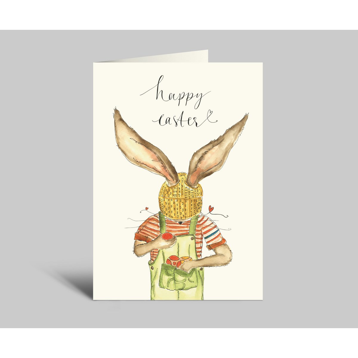 Easter card | Hase stowed eggs in dungarees | Knit cap and rabbit ears | Happy Easter | Folding card