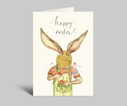 Easter card | Hase stowed eggs in dungarees | Knit cap and rabbit ears | Happy Easter | Folding card