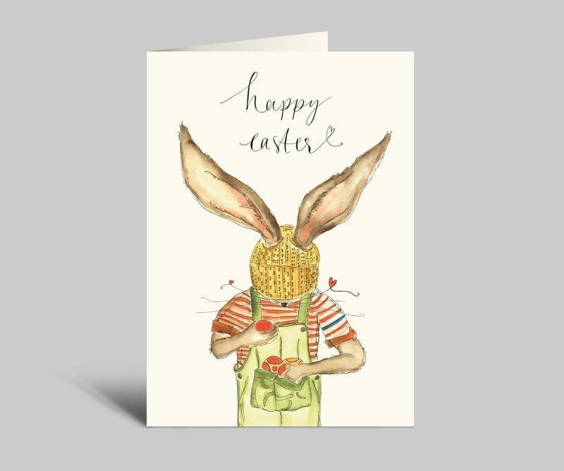 Easter card | Hase stowed eggs in dungarees | Knit cap and rabbit ears | Happy Easter | Folding card