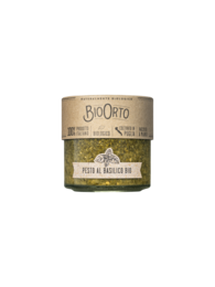 A 212ml glass jar of organic basil pesto with garlic. The pesto is made with fresh basil, olive oil, pine nuts, and garlic, providing a flavorful and aromatic condiment for pasta, sandwiches, and more.
