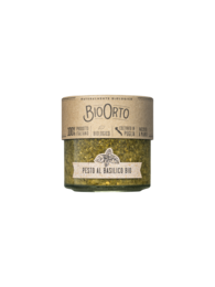 A 212ml glass jar of organic basil pesto with garlic. The pesto is made with fresh basil, olive oil, pine nuts, and garlic, providing a flavorful and aromatic condiment for pasta, sandwiches, and more.