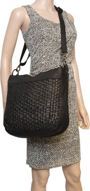 Black shoulder bag for ladies of braided leather - elegant design with both a short and long handle for versatile wearing comfort.