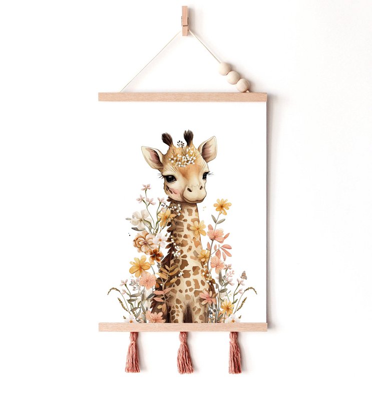 Giraffe nursery poster, giraffe poster, floral nursery print, mother and baby giraffe poster, nursery giraffe print, wildflowers print, girls nursery poster, girls room decoration