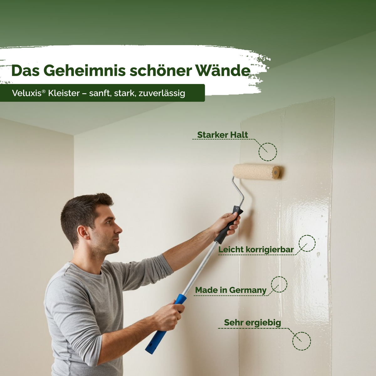 Vliestapetenkleister, Tapetenkleber – Kleister Vliestapete, gebrauchsfertig in 10 Min, STARKE KLEBKRAFT, 1 Beutel reicht für 30 m², fleckenfrei & korrigierbar