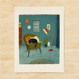 A retro-style illustration depicting a cozy reading nook with a potted plant, books on a shelf, and a turntable playing vinyl records. The scene is set against a vibrant yellow and green patterned rug, creating a warm and inviting atmosphere.