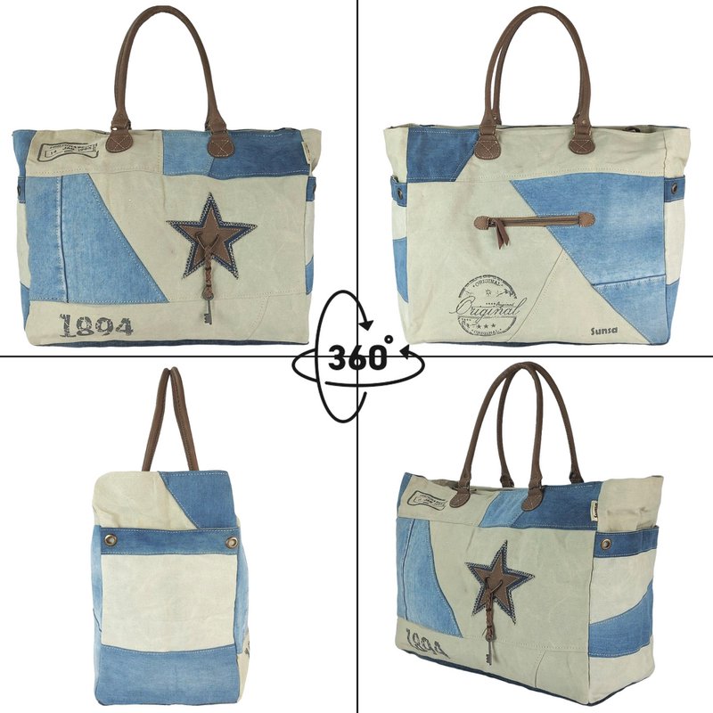 Bolso de fin de semana vintage Sunsa. Bolso de baño/bolsa de deporte shopper XXL.Bolso de lona y jeans reciclados. Bolso de hombro sostenible