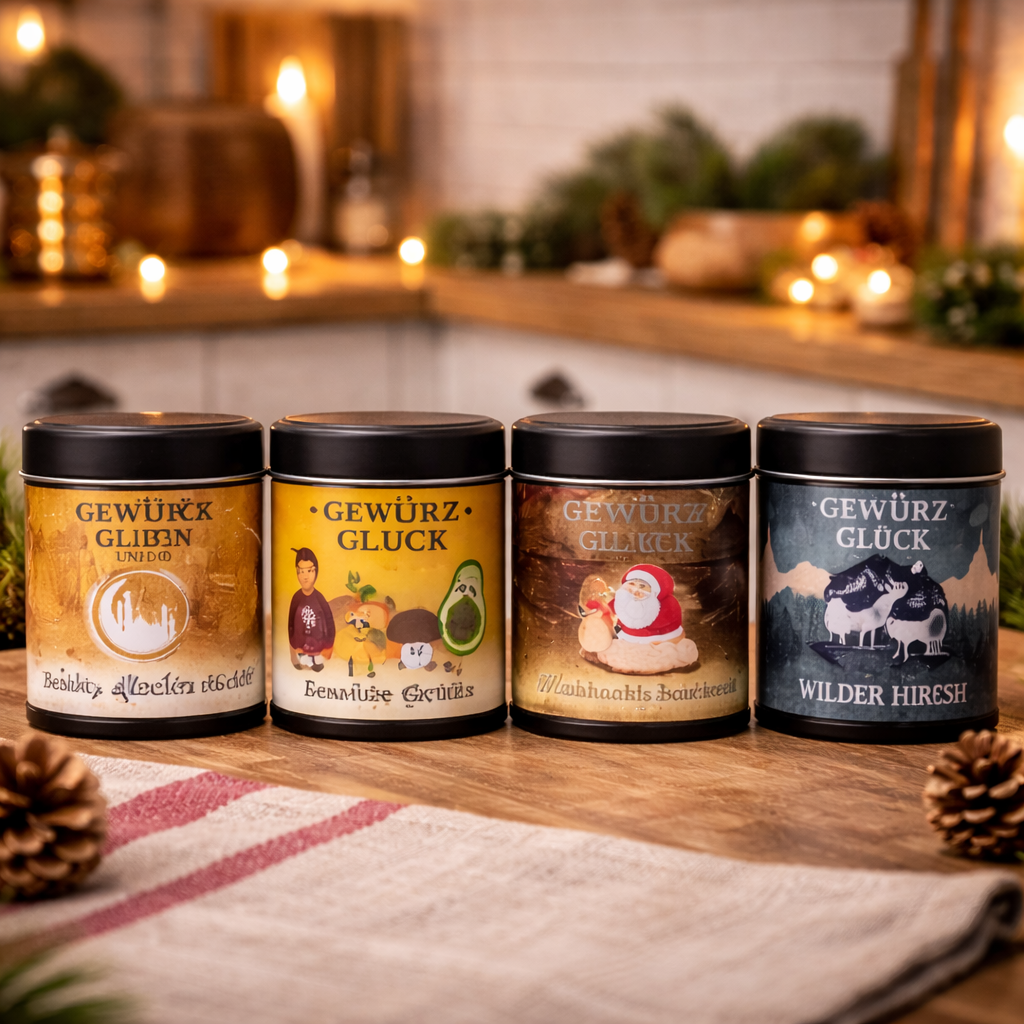 Gewürz-Glück Winter Edition Spice yourself up happy gift box - set of 4 spice jars with wild deer, Christmas bakery, Alibaba & Aladin as well as vegetable greetings spice mixture