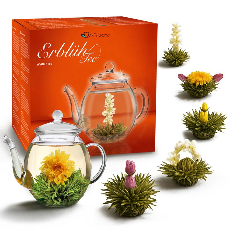 Creano ErblühTee-Geschenkset mit Glaskanne, 6 Sorten