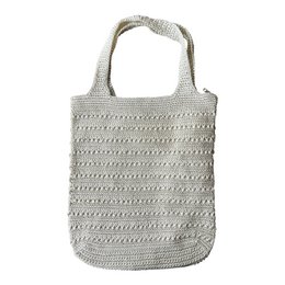 Crocheted tote bag, light gray, textured knit pattern, shoulder handles, zippered closure, spacious.