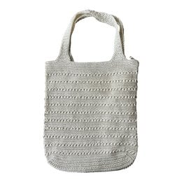Crocheted tote bag, light gray, textured knit pattern, shoulder handles, zippered closure, spacious.