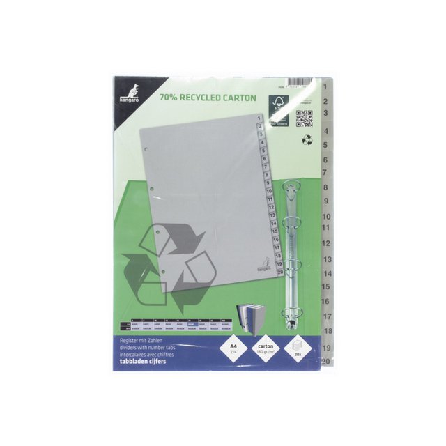 Onglet ECO Kangaro A4 chiffres 180gr carton gris 4r 20pcs FSC