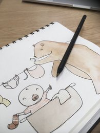 card + envelope - Bear with baby laundry basket