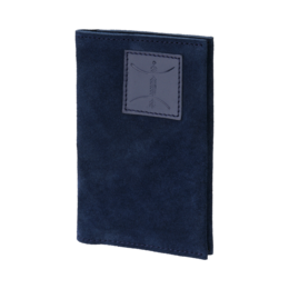 Navy blue leather wallet with a small window for displaying identification or cards.