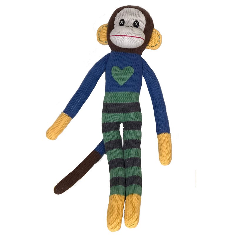 Peluche singe tricoté bleu/vert
