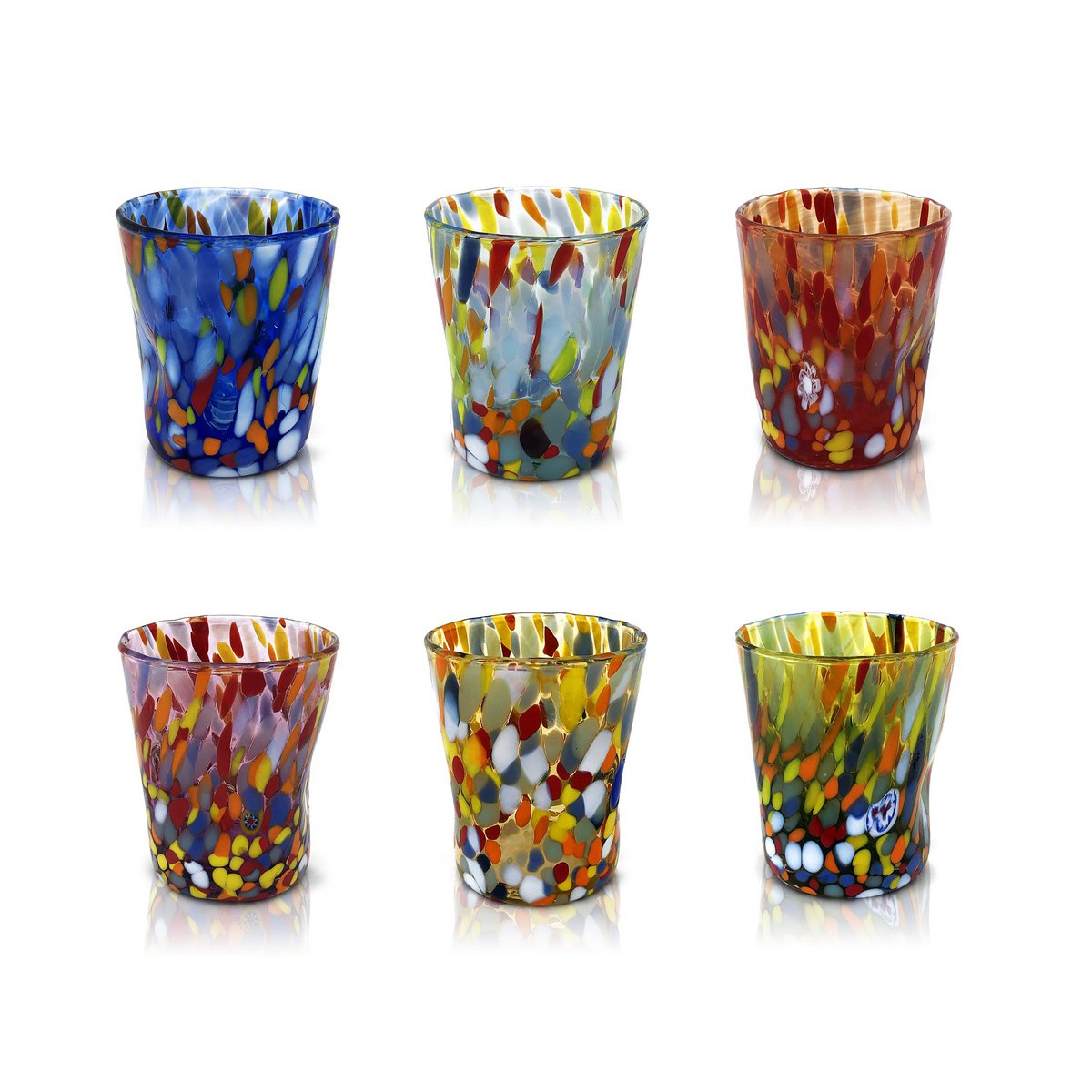 6 Bicchierini Liquore Classic in Vetro Soffiati e Lavorati a Mano con Murrine di Murano, linea “I Colori di Murano” 140 ml. Made in Italy