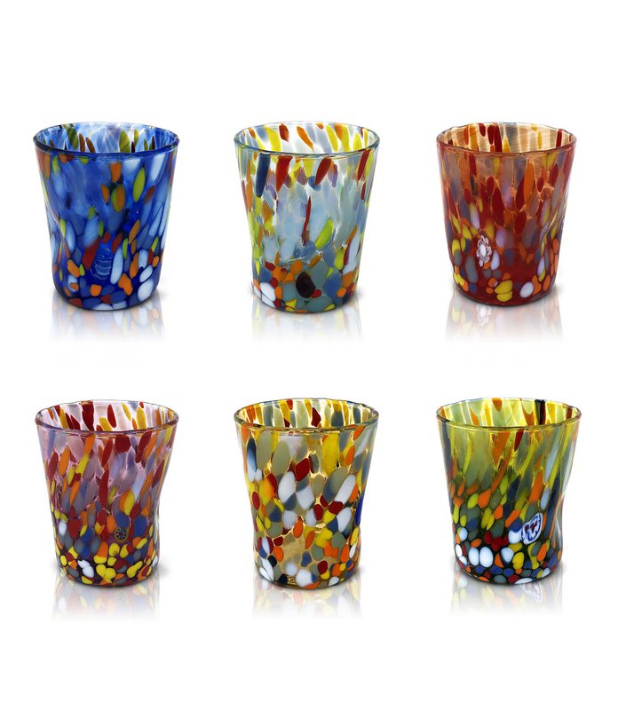 6 Bicchierini Liquore Classic in Vetro Soffiati e Lavorati a Mano con Murrine di Murano, linea “I Colori di Murano” 140 ml. Made in Italy