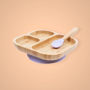 Bamboo baby meal set: plate with compartments and lilac spoon