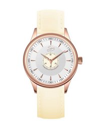 Rose gold watch with a white dial, 3-hand movement, and 10 ATM water resistance. The watch has a cream-colored leather strap.