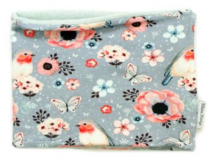 Little Kings loop scarf children girls up to 8 years model flowers birds birds grey, inside fleece aqua