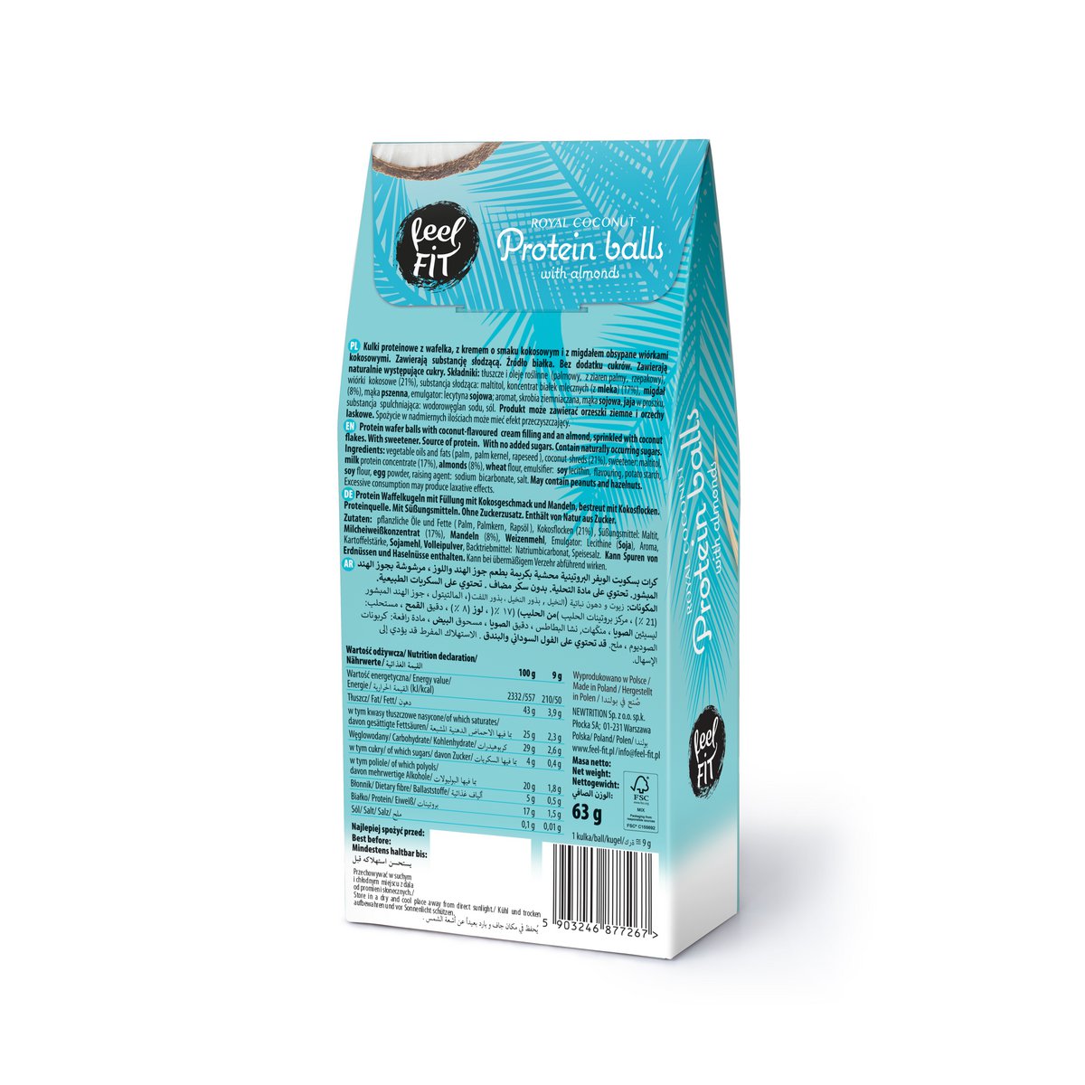 Feel FIT Royal Coconut Protein Balls mit ganzen Mandeln, 17 % Protein, ohne Zuckerzusatz, ohne Palmöl, 63 g