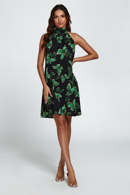 Butterfly Print Halter Neck Bind Mini Dress i grøn