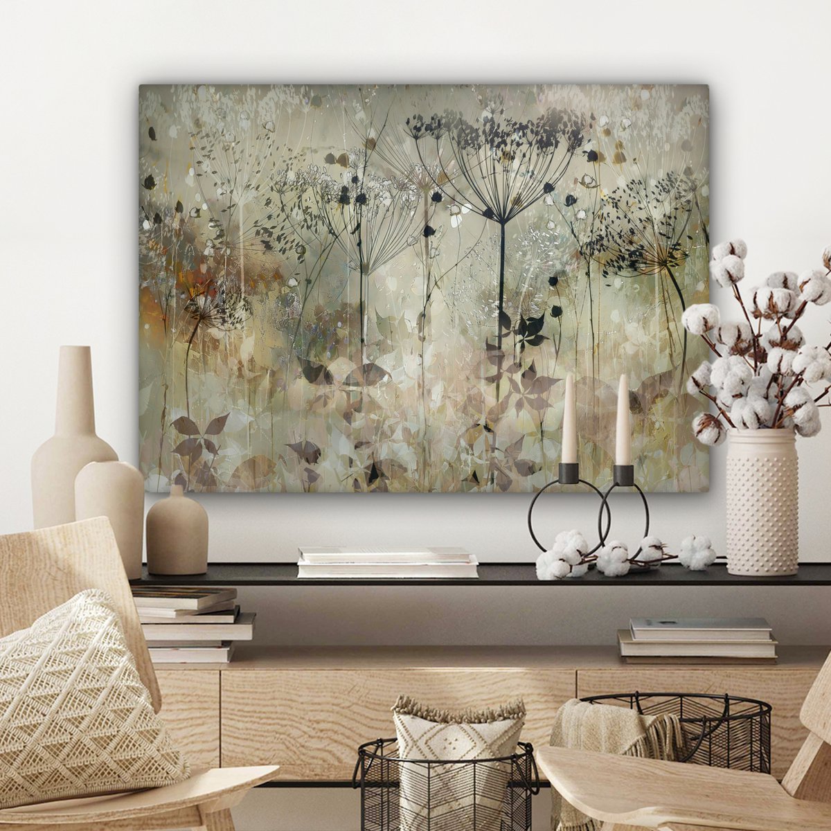 Pintura de lona - Decoración de pared - Flores - Gris - Naturaleza - Arte