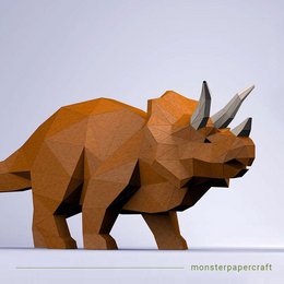 DIY Dinosaur - Triceratops craft kit, featuring a 3D paper model of a triceratops dinosaur in orange and brown tones, with a geometric, low-poly design.