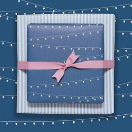 Blaues Geschenkpapier mit Lichterketten und Streifen, Geburtstags Geschenkpapier mit Partylichtern für Kinder und Erwachsene