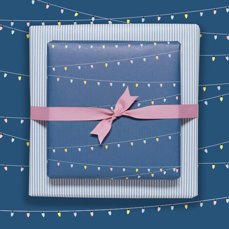 Blaues Geschenkpapier mit Lichterketten und Streifen, Geburtstags Geschenkpapier mit Partylichtern für Kinder und Erwachsene