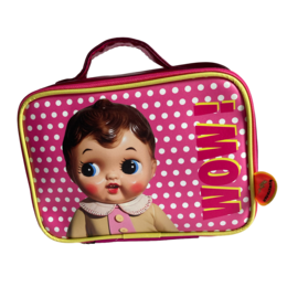 Retro doll toiletry bag, pink polka dot pattern, vintage doll face design, metallic gold and magenta interior, rectangular shape with handles.