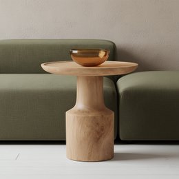 Wooden side table with round top and cylindrical base, made of natural wood material.
