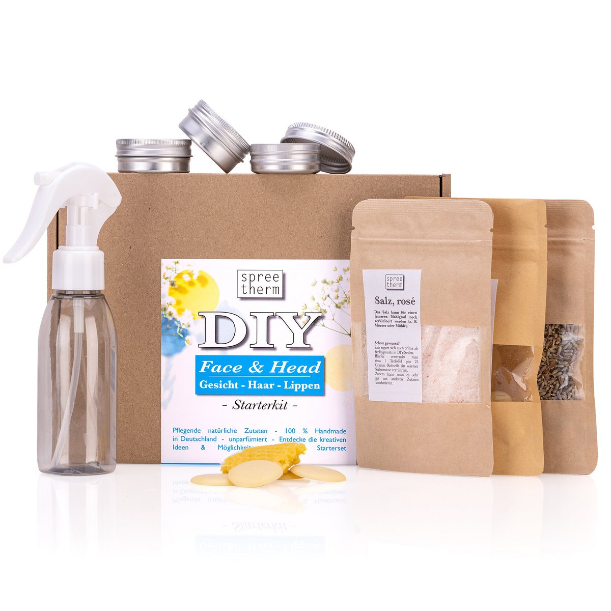 set fai da te per la cura di CAPELLI - VISO - LABBRA di spreetherm con flacone spray in materiale riciclato, ingredienti naturali e molto altro. %23 dono di cura