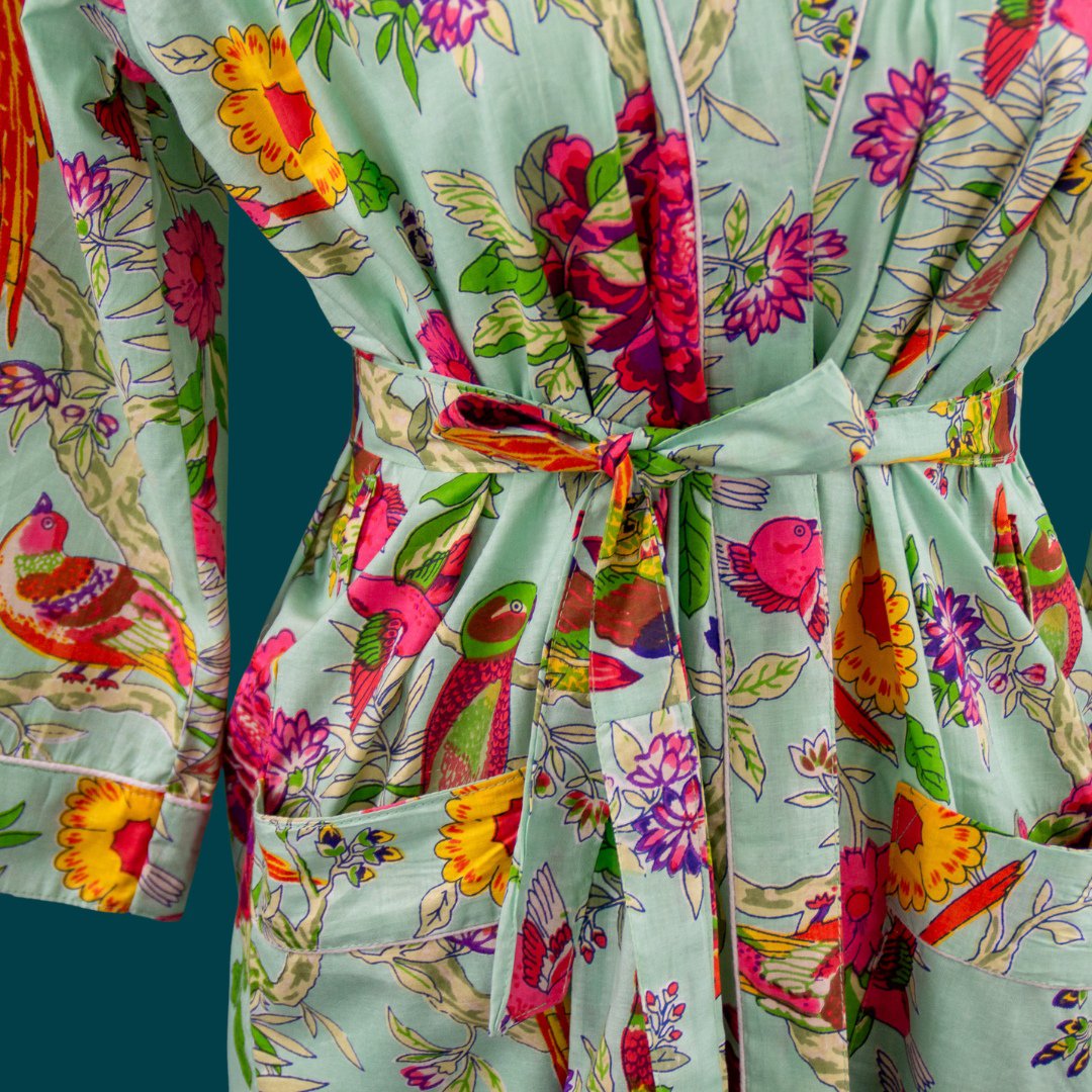 Stampa a blocchi verdi chiari Morning Coat, accappatoio, 100% di cotone, mantello mattutino, kimono, dall'India, impronta a mano